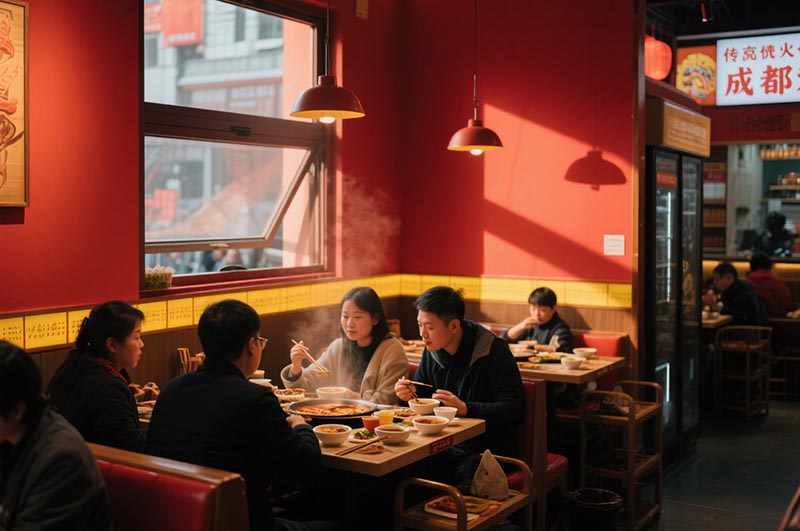 以紅、黃二色為例的川味火鍋店裝修效果圖