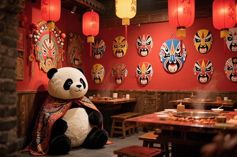 融入川劇臉譜、熊貓圖案、蜀錦元素等的火鍋店裝修效果圖