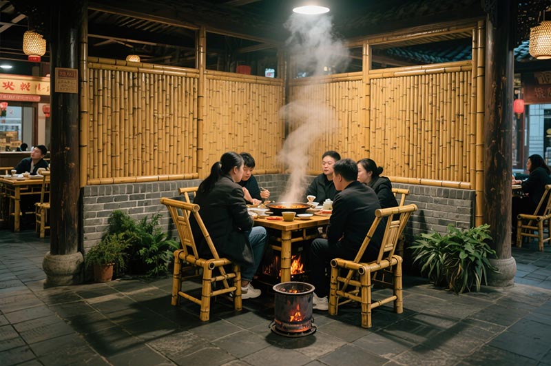 采用竹、木、青磚等傳統(tǒng)材質的火鍋店裝修效果圖